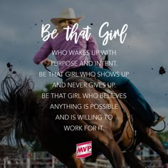 a woman riding on the back of a brown horse next to a dirt field with words above it