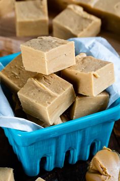 several pieces of peanut butter fudge in a blue container