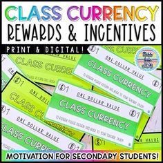 several green and white labels with words on them that say class currency, reward & incent