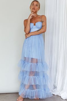 Shop the Moonlight Sonata Ruffle Mesh Maxi Dress Sky Blue | Selfie Leslie Something Blue Dress, Light Blue Spring Dress, Blue Frilly Dress, Light Blue Ruffle Dress, Sky Blue Maxi Dress, Blue Selfie, Blue Ruffle Dress, Moonlight Sonata, Selfie Leslie