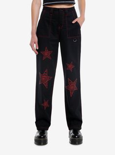 We're seeing stars! Get an edgy street look with these black skater pants! They feature red contrast stitching throughout  plus red spiral star designs down the legs. Comes with front and back pockets  plus D-ring detailing.Please note: Style is fitted with no stretch; size up for a looser fit.100% cottonWash cold; dry lowNon-stretch materialRise 13''Inseam: 32''ImportedListed in junior sizesModel is 5'10''Model wears size 3 Black Straight Leg Pants With Star Print, Streetwear Wide Leg Bottoms With Star Print, Star Print Wide Leg Bottoms For Streetwear, Wide Leg Bottoms With Star Print For Streetwear, Wide Leg Star Print Bottoms For Streetwear, Cotton Star Print Pants For Streetwear, Black Star Print Bottoms For Streetwear, Black Wide Leg Pants With Star Print, Straight Leg Pants With Star Print For Streetwear