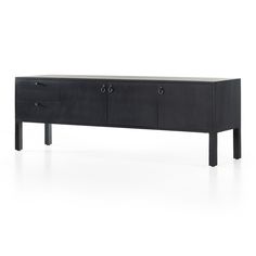 the sideboard is black and has two drawers on one end, and an open drawer on