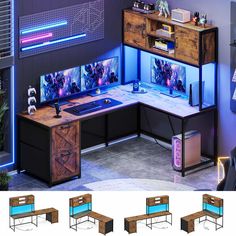 the computer desk has two monitors on it and is lit up with blue light from below