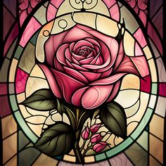 a stained glass window with a pink rose in it