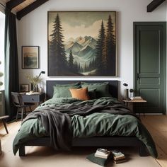 a bedroom with a large painting on the wall above the bed and green curtains over the window