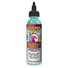 the bottle of unicorn spirit gel stain is light blue and has black cap on it