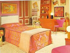 the bedroom is decorated in pink and orange