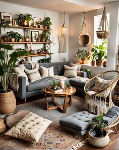 a living room filled with lots of plants and furniture