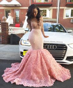 Sheer Prom Dress, Pink Prom Dresses Mermaid, Dresses With Beads, Mermaid Prom Dresses Lace, Pink Evening Dress, Pink Prom Dress, Long Sleeve Prom