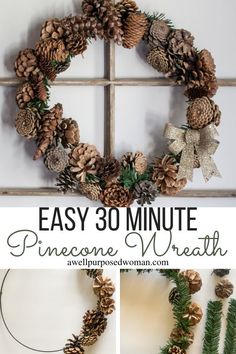 pineconi wreath made with pine cones and evergreen branches