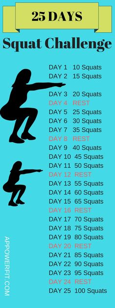 the 25 days squat challenge is shown in black and blue, with an image of a woman