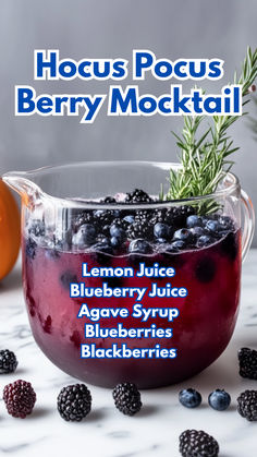 Hocus Pocus Berry Mocktail Blueberry Mocktail Recipes, Hocus Pocus Mocktail, October Mocktails, Halloween Berries, Blackberry Mocktail, Halloween Hangout, Blueberry Mocktail