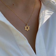 Star of David Necklace - Silver Magen David - Tiny Silver Star of David Necklace - Jewish Star Necklace - Star of David Charm - Jewish Necklace All our products are 925 sterling silver. This necklace is considered a symbol of strength, power, balance and fertility and is used as a talisman, especially as a symbol of protective divine power. It is believed that the upward-pointing tip symbolizes cosmic expansion and reaching God, while the downward-pointing triangle symbolizes the inner journey and incarnation formation. How to Order: - Make your main color and chain size selections. Material - High Quality Handmade 925 Sterling Silver - 18K Gold Plated and 18K Rose Plated - High Quality Handmade 8K REAL GOLD and 14K REAL GOLD - 8K & 14K REAL ROSE GOLD and 8K & 14K REAL WHITE GOLD Preparati Star Of David Necklace Aesthetic, Star Of David Necklace For Gift, Star Of David Necklace For Hanukkah Gift, Hanukkah Gift Necklace With Star Of David, Jewish Star Necklace, Jewish Necklace, Star Of David Necklace, Inner Journey, Divine Power