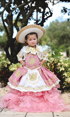 Princess Style Pink First Communion Dress, Pink Embroidered Princess Dress For Party, Pink Princess Style Embroidered Dress, Pink Embroidered Dress For Dress-up Occasions, Pink Embroidered Dress For Baptism, Pink Embroidered Dresses For Baptism, Embroidered Pink Baptism Dress, Traditional Pink Ruffled Dress, Charro Quinceanera