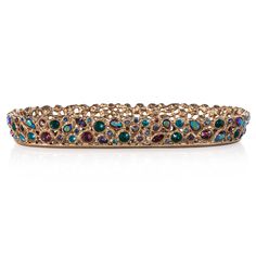 a gold bracelet with multicolored stones and filigrees on the sides