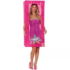 a woman in a barbie doll costume holding a pink shopping bag with the word barbie on it