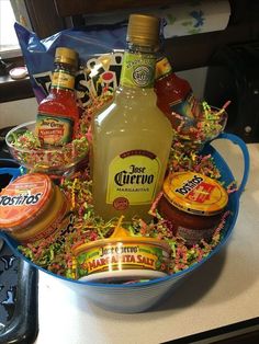 an assortment of condiments in a blue bowl