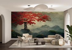 a living room with a large painting on the wall