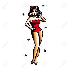 Pin Up Doll Tattoos, Trad Pinup Tattoo, Pin Up Girl Tattoos For Women, Traditional Pin Up Girl Tattoos, American Traditional Pin Up Girl, Sailor Jerry Pin Up Girl, Pinup Tattoo Traditional, Vintage Pinup Tattoo, American Traditional Pinup