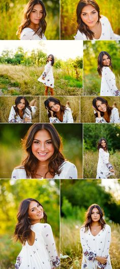 a woman is posing in the grass with her arms around her neck