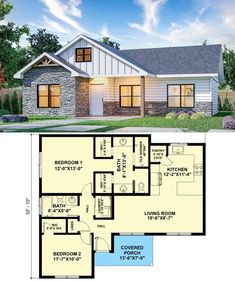 the floor plan for a small house with two bedroom and an attached living room area