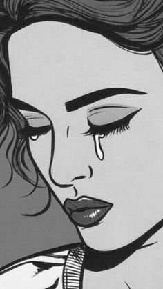 a black and white drawing of a woman with tears on her face, looking down