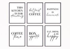 six black and white kitchen wall art prints with the words coffee, tea, love, happiness