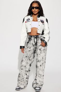 Available In White/Blue And Black/White. Cropped Jacket Bomber Multi Badges Snap Button Closure Verbiage Disclaimer: Due To The Print & Embroidery Placement , Each Garment Is Unique. 55% Polyurethan 45% Polyester Imported | Pedal To The Medal Cropped Jacket in Black/White size Large by Fashion Nova White Cropped Jacket, Embroidery Placement, Print Embroidery, Sweater Jumpsuit, Faux Leather Jacket, Cropped Jacket, Black White Fashion, Blue And Black, Faux Leather Jackets