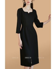 Buy simple square neckline knee length dress with sleeves at wholesale price online. Free shipping and pro custom service since 2009. Fitted Square Neck Midi Dress, Fitted Square Neck Midi Dress For Office, Fitted Midi Dress With Square Neck For Office, Square Neck Dresses For Work, Elegant Square Neck Office Dress, Fitted Square Neck Office Dresses, Square Neck Midi Dress For Work, Formal Square Neck Solid Color Dress, Formal Dresses With Square Neck In Solid Color