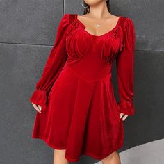 F00218610-113 Rose Velvet Dress, Sleeved Velvet Dress, Velvet Party Dress, Shein Brasil, Velvet Tunic, Red Velvet Dress, Long Sleeve Short Dress, Flounce Sleeve, Short Wedding Dress