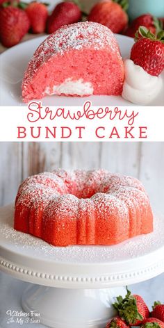 strawberry bundt cake with powdered sugar on top and strawberries in the background