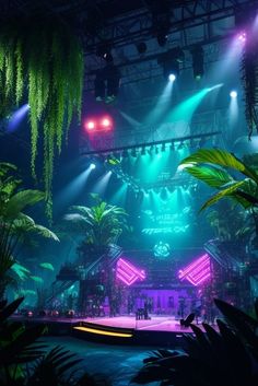 the stage is lit up with bright lights and palm trees in front of it at night