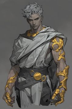 a drawing of a man with white hair wearing armor and holding two gold chains on his arm