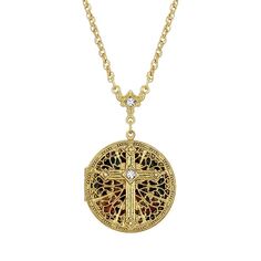 "This spiritual decorative cross locket is the perfect place to keep an image of a loved one. This spiritual decorative cross locket is the perfect place to keep an image of a loved one. NECKLACE DETAILS Locket size: 2.5"" Chain length: 30 in. Clasp: lobster-claw Metal: alloy Plating: gold tone Finish: polished Not appropriate for children 14 years old and younger. Size: One Size. Gender: female. Age Group: adult. Material: Gold Plate." Cross Locket, Round Locket Necklace, Symbols Of Faith, Decorative Cross, Faith Jewelry, Round Locket, Crystal Cross, Crosses Decor, Porcelain Roses