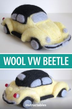 this is an image of a toy car made out of wool with the words wool vw beetle on it