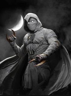 a man dressed as a knight holding a knife and wearing a hoodie with the moon in the background