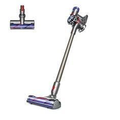 a silver and red vacuum with two different attachments on the top, one has a blue handle