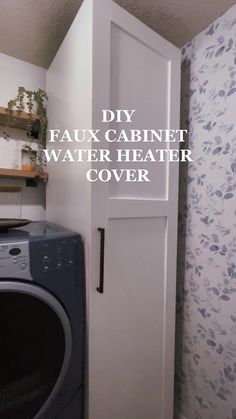 a washer and dryer sitting next to each other in a room with floral wallpaper