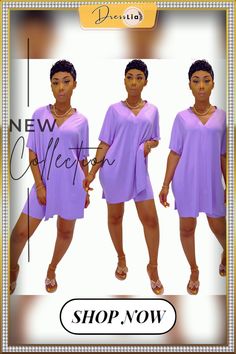 Casual Solid V Neck Bat Sleeve Split Shirt Two-piece Set Purple V-neck Top For Day Out, Purple V-neck Top For Vacation, Purple V-neck Blouse For Summer, Summer Purple V-neck Top, Summer V-neck Purple Tops, Purple V-neck Blouse For Day Out, Casual Purple V-neck Blouse, Bat Sleeve, Two Piece Sets