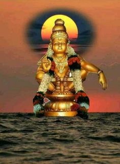 there is a golden statue in the middle of the water with an orange sun behind it