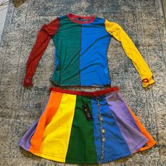 Primary Colors Block Design Clown Skirt, Rainbowcore Fashion, Clowncore Fashion, Chain Embroidery, Bandana Dress, Clown Clothes, Colorful Skirts, Skirt Sets, Grateful Dead