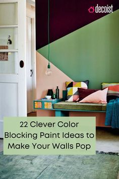 a living room filled with furniture and walls painted in shades of purple, green, yellow and