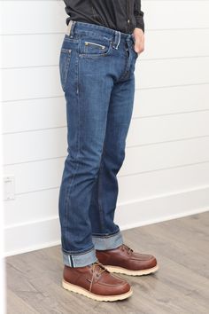 Front Rise: 10 1/2" Back Rise: 14 1/2" Leg Opening 15 1/2" - Open Side Seam - 12 oz - 100% Cotton - Premium Selvage Denim - Button Fly - Zena Spice Thread Fitted Pre-washed Blue Jeans, Pre-washed Fitted Denim Bottoms, Pre-washed Straight Leg Denim Blue Jeans, Fitted Washed Indigo Jeans, Dark Wash Pre-washed Jeans For Fall, Everyday Washed Blue Jeans With Button Closure, Straight Dark Wash Jeans For Everyday, Everyday Straight Dark Wash Jeans, Washed Blue Selvedge Denim Jeans