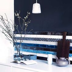 a kitchen with blue and white tiles on the wall, potted plant in vase