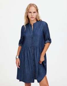 Regular fit. Falls 36' from high point of shoulder (based on size 6). 50% lyocell/50% cotton. Machine wash. Imported. Select stores. Band Collar, Shirtdress, High Point, Cuff Sleeves, Denim Women, Madewell, Ready To Wear, Size 6, Mini Dress