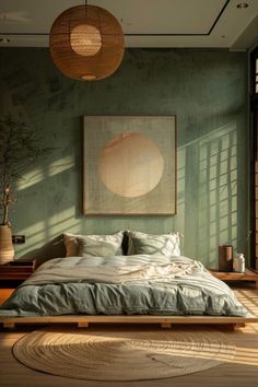 a large bed sitting in a bedroom next to two lamps and a painting on the wall