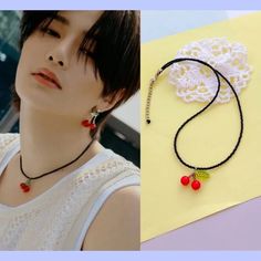 Stray kids Jeongin inspired necklace | black cherry necklace | Yang Jeong-in black choker | kpop korean style | asian fashion idol jewelry Kpop Inspired Jewelry Diy, Kpop Idols Jewelry, Kpop Idol Jewelry, Kpop Inspired Jewelry, Kpop Beaded Jewelry, Stray Kids Jewelry, Kalung Korea, Mermaid Jewelry Diy, Kpop Necklace