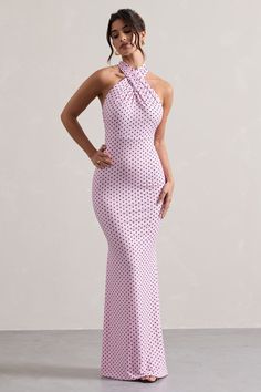 Invincible Pink Polka Dot Cross Over Halter-Neck Open-Back Maxi Dres – Club L London - USA Black Tie Wedding Guest, Midi Bridesmaid Dress, Black Tie Wedding Guests, Bachelorette Dress, Open Back Maxi Dress, Sleek Bun, Sequin Bridesmaid Dresses, Purple Bridesmaid Dresses, Bachelorette Outfits