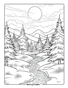 a coloring page with trees and mountains in the background, along with a river running through it