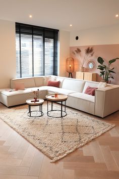 a living room filled with furniture and a large rug on top of a hard wood floor